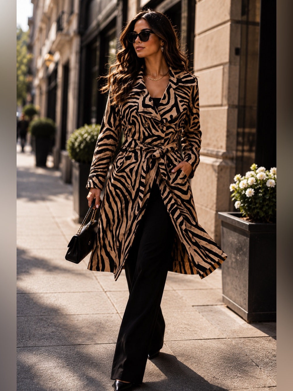 Samuel Dong Zebra Print Double Breasted Belted Trench Coat Size M